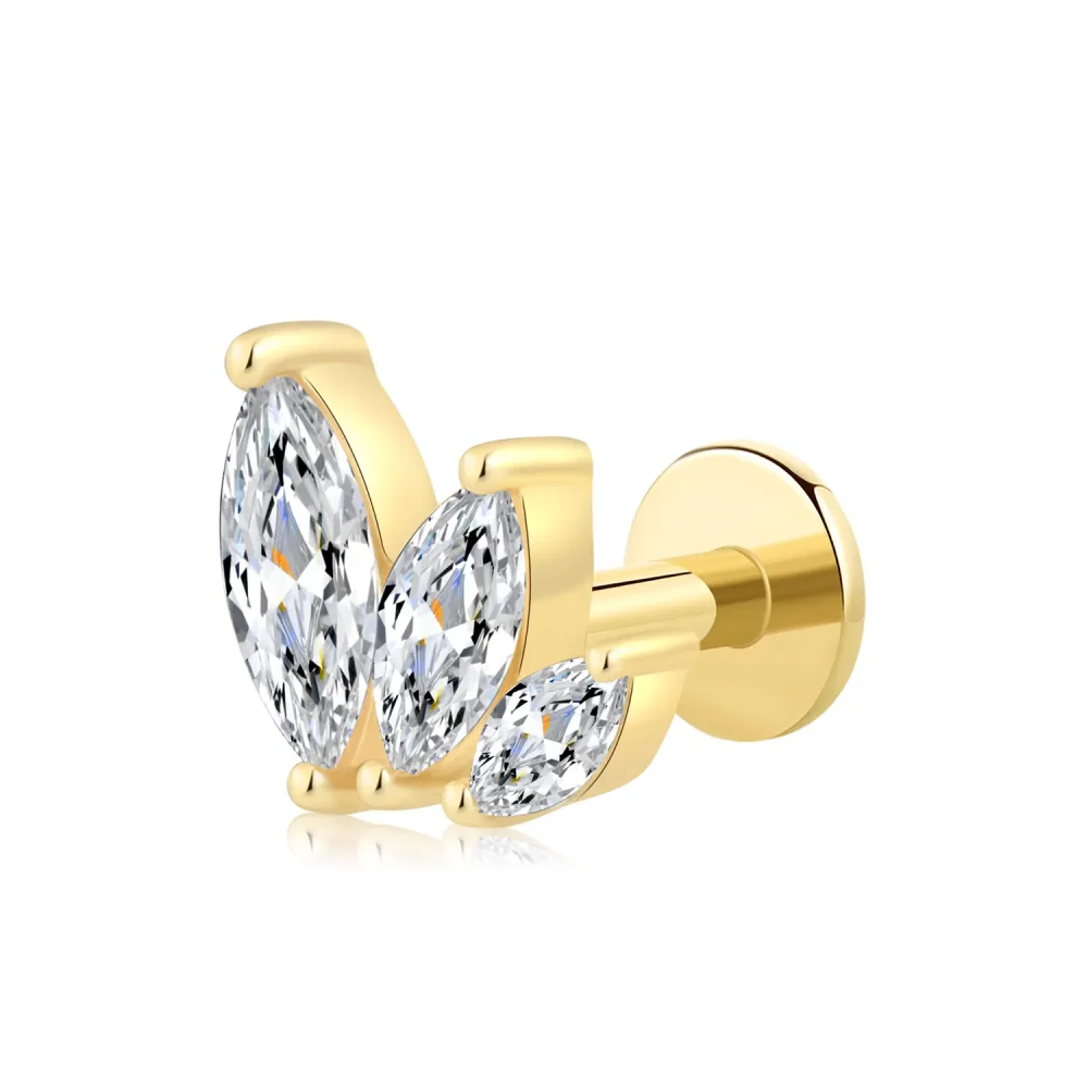 14K Solid Gold Threadless Labret Stud with Triple Marquise CZ – Leaf Cluster Piercing Jewelry