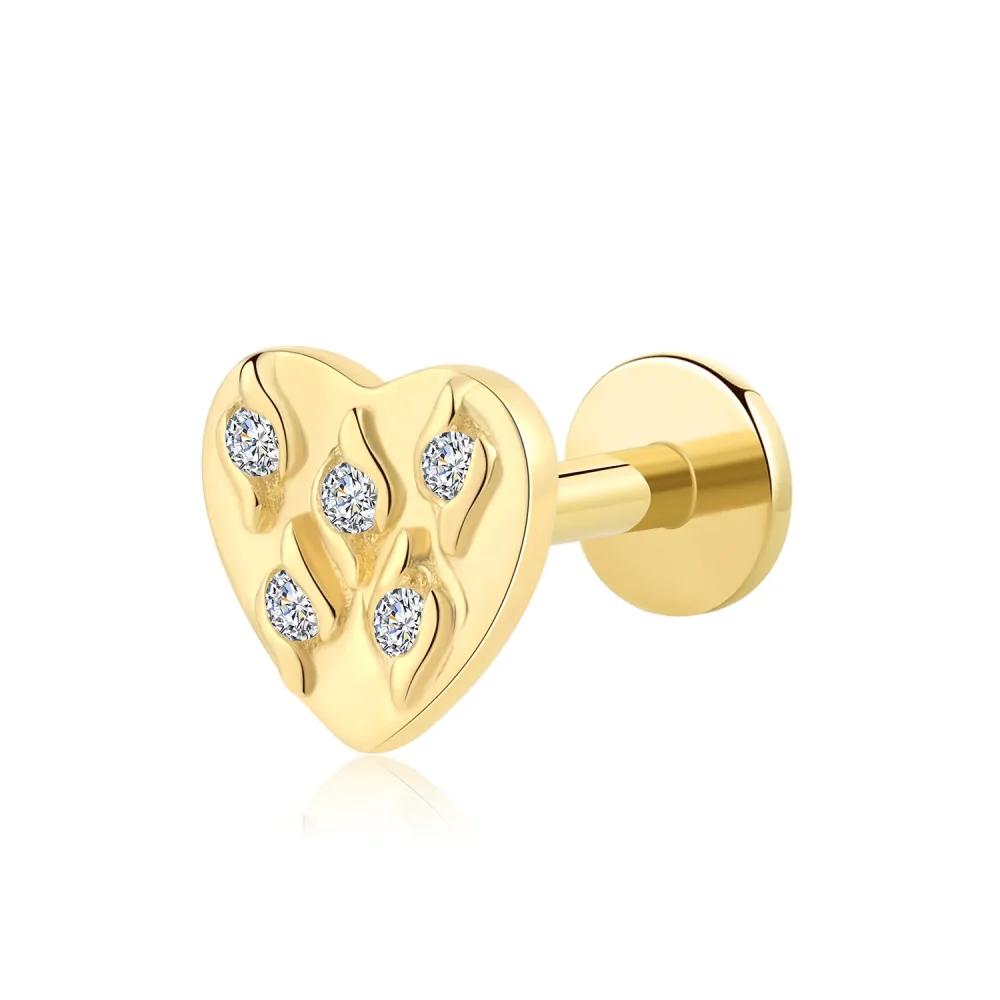 14K Solid Gold Threadless Labret Stud with Sculpted Heart & CZ Accents
