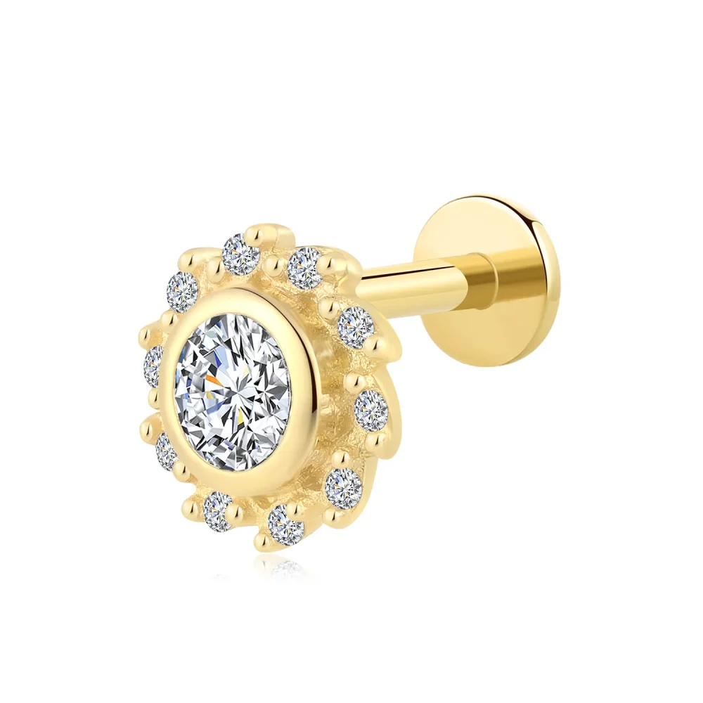 14K Solid Gold Threadless Sunburst CZ Labret Stud – Radiant Flower Piercing Jewelry