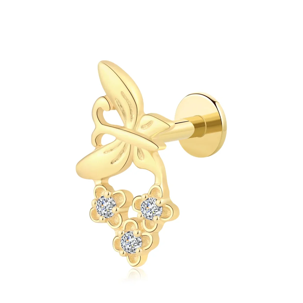 14K Solid Gold Threadless Butterfly Labret Stud with CZ Flower Drops – Piercing Jewelry