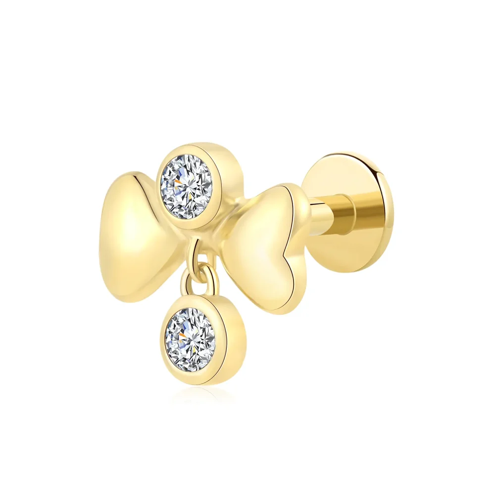 14K Solid Gold Threadless Labret Stud with Double Hearts & Dangling CZ Charm
