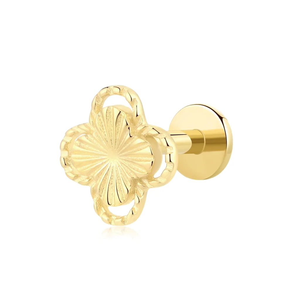 14K Solid Gold Threadless Labret Stud – Embossed Floral Clover Shape Piercing Jewelry