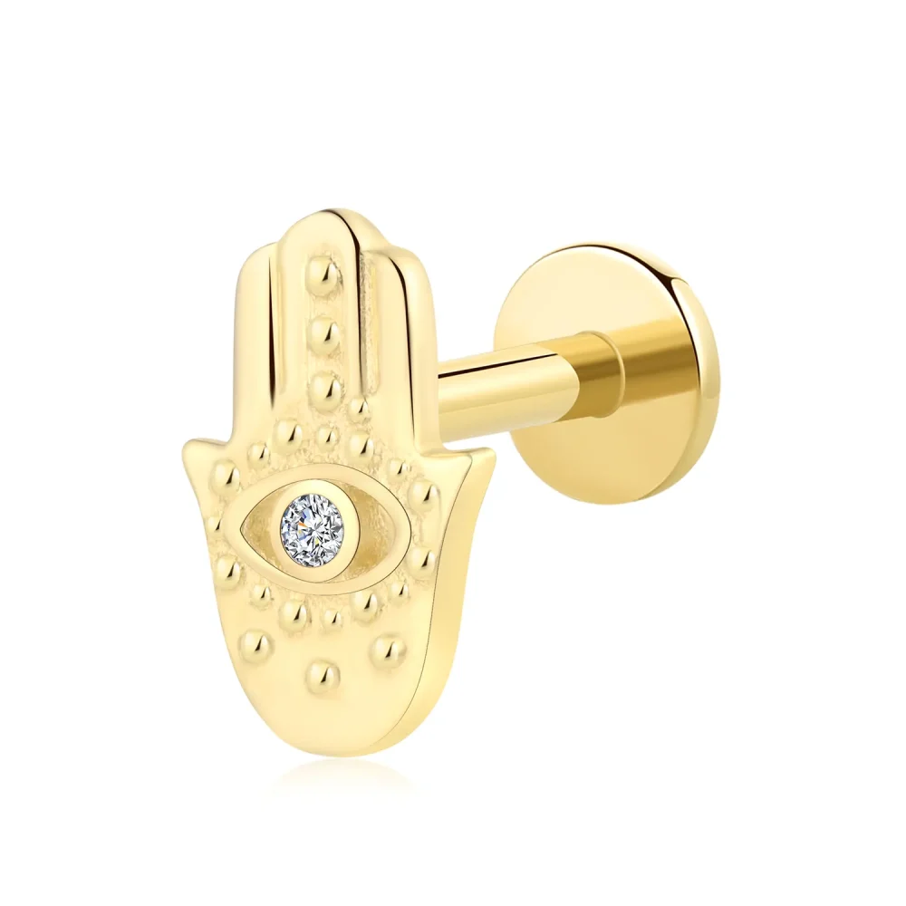 14K Solid Gold Threadless Hamsa Hand Stud with CZ Center – Evil Eye Shape Piercing Jewelry