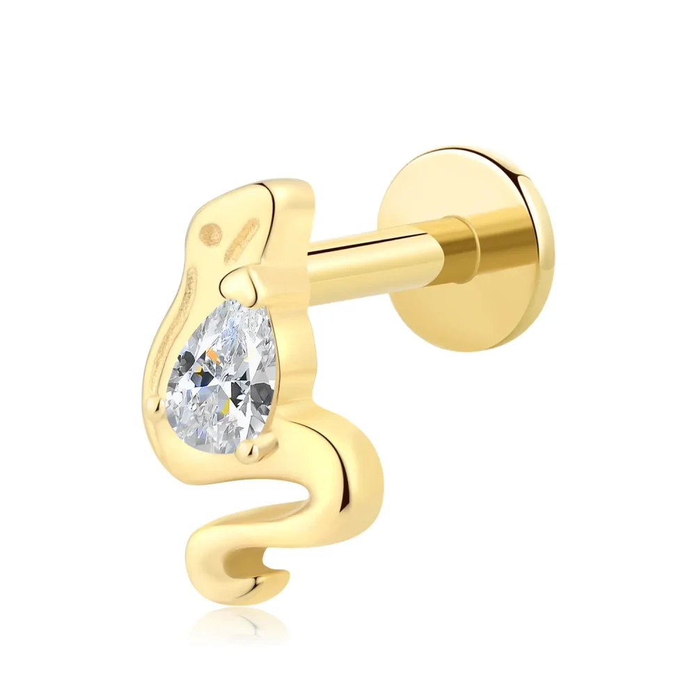 14K Solid Gold Threadless Snake Labret Stud with Pear-Shaped CZ – Serpent Piercing Jewelry