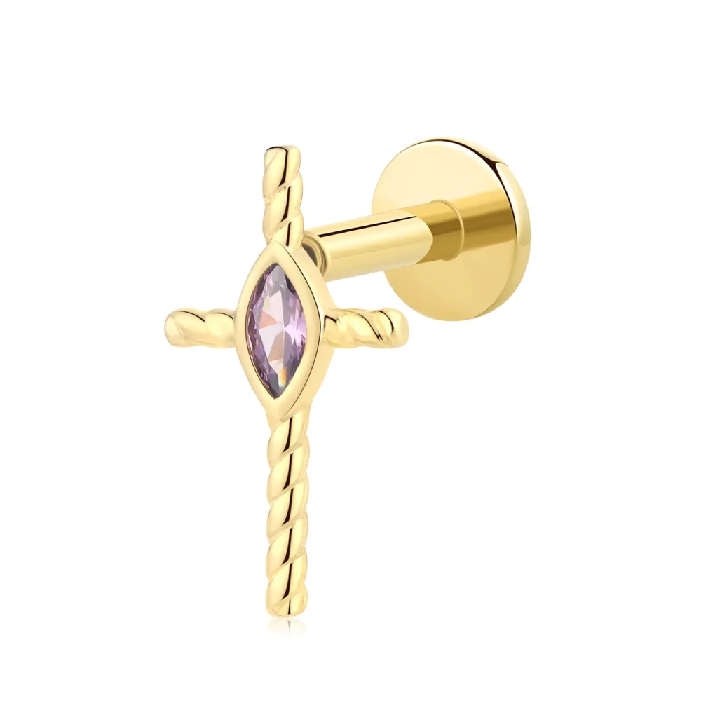 14K Solid Gold Threadless Cross Labret Stud with Marquise CZ – Twisted Rope Piercing Jewelry