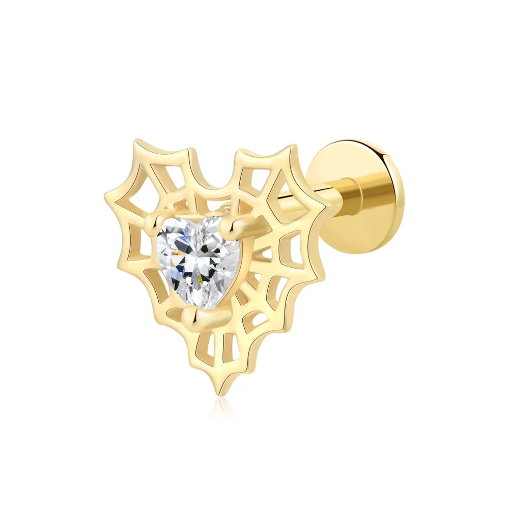 14K Solid Gold Threadless Labret Stud with Heart CZ and Spider Web Design