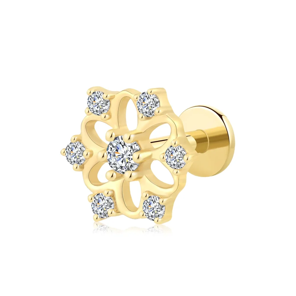 14K Solid Gold Threadless Labret Stud – CZ Daisy Cutout Flower Piercing Jewelry
