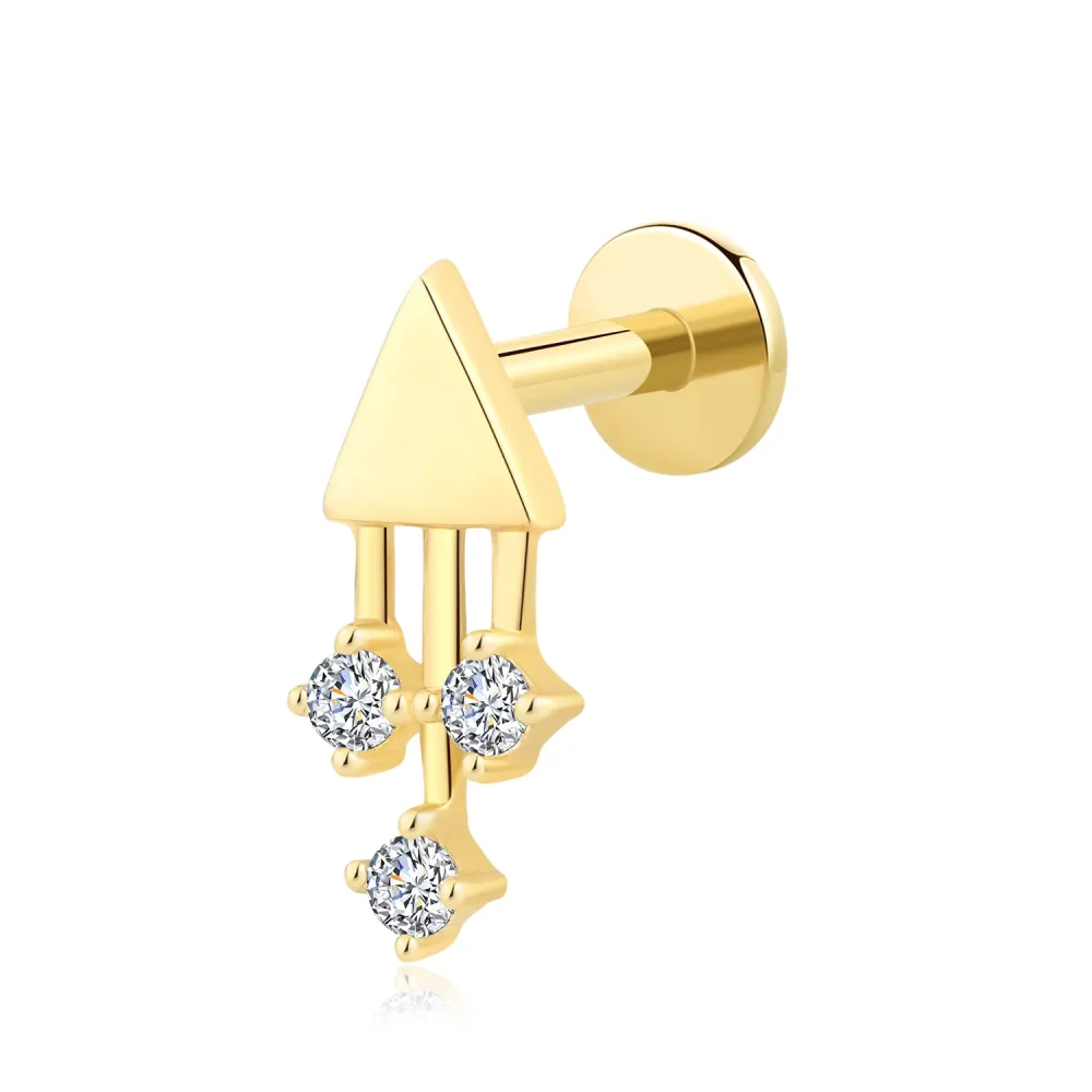 14K Solid Gold Threadless Labret Stud – Geometric Triangle Drop with CZ Dangles Piercing Jewelry
