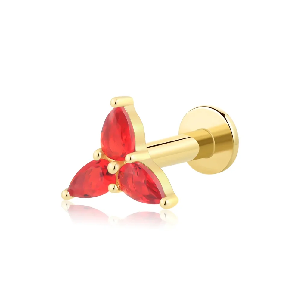 14K Solid Gold Internally Threaded Labret Stud with Triple Teardrop CZ in Floral Shape – Elegant Piercing Jewelry