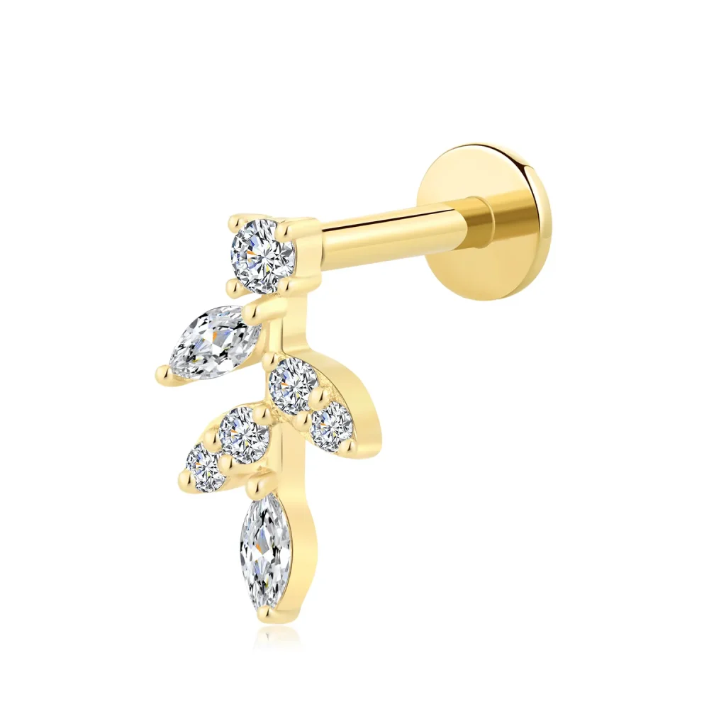 14K Solid Gold Internally Threaded Labret Stud with CZ Leaf Vine Design