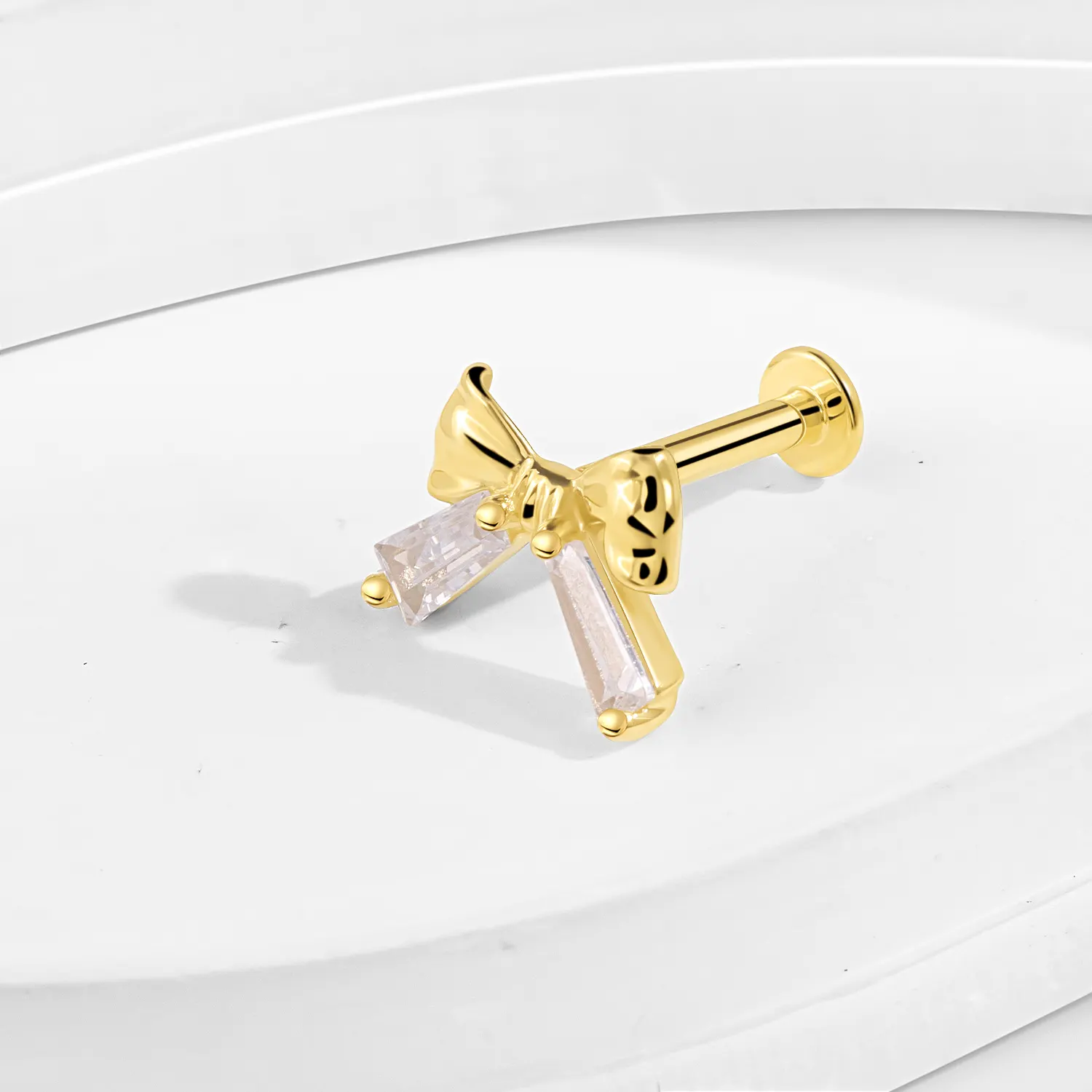 14K Solid Gold Threadless Labret Stud with Bow Design and Baguette CZ Stones