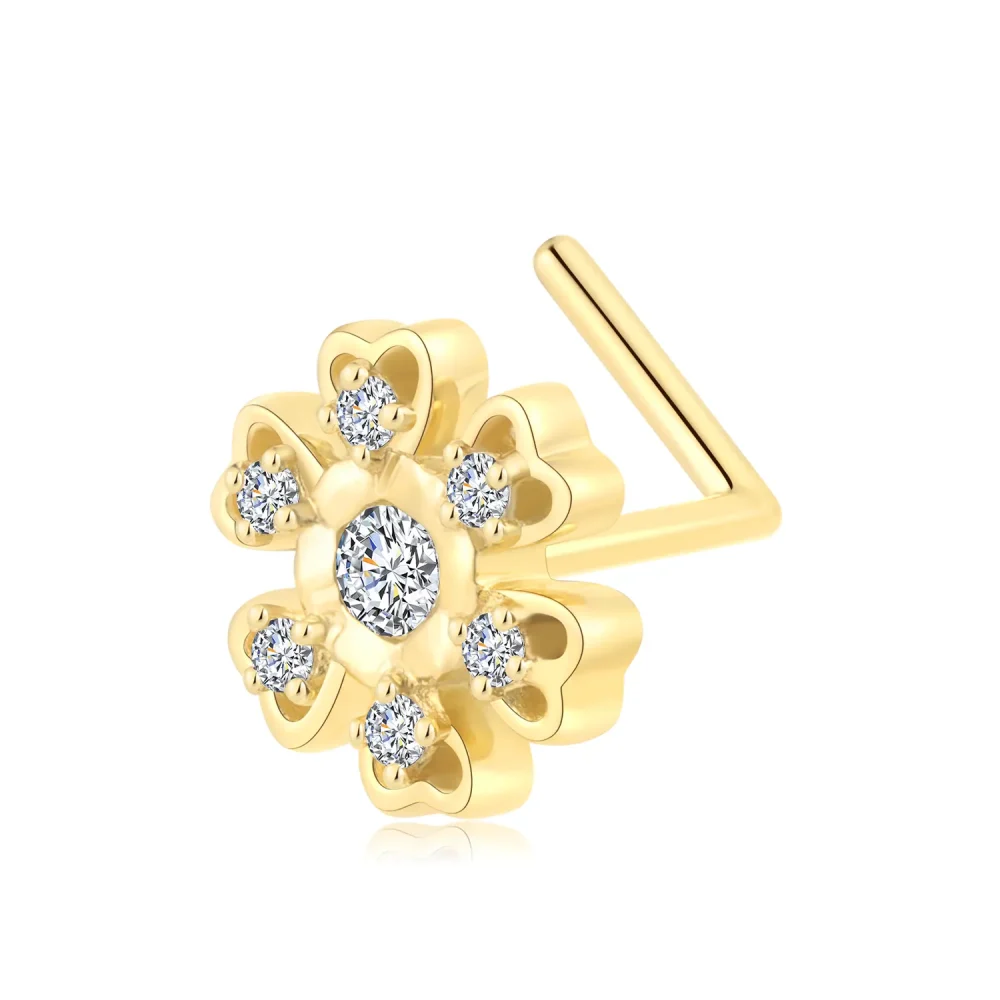 14K Solid Gold L Shape Nose Ring with CZ Flower and Heart Petal Design