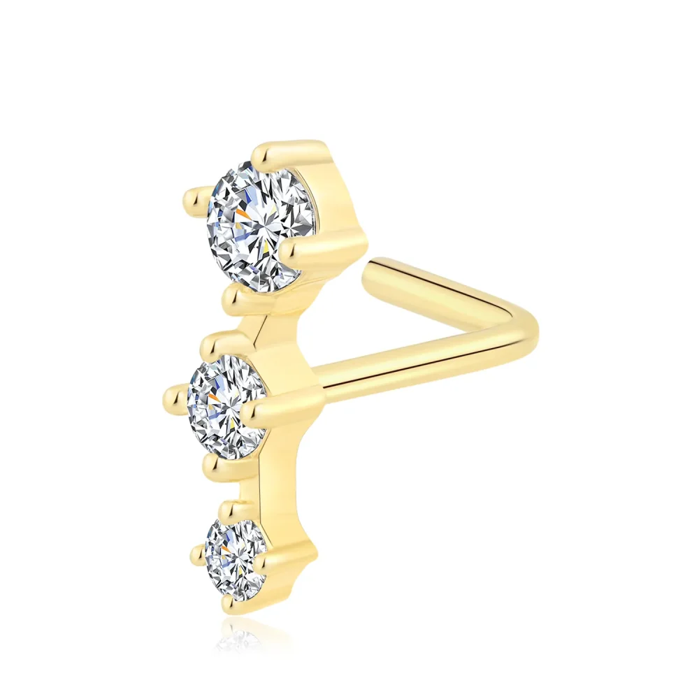 14K Solid Gold L Shape Nose Ring with Triple CZ in Vertical Prong Setting