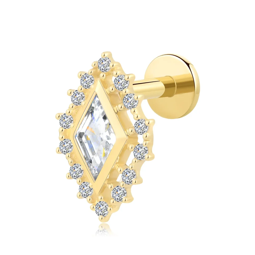 14K Solid Gold Threadless Labret Stud with Geometric Diamond-Shape CZ Frame