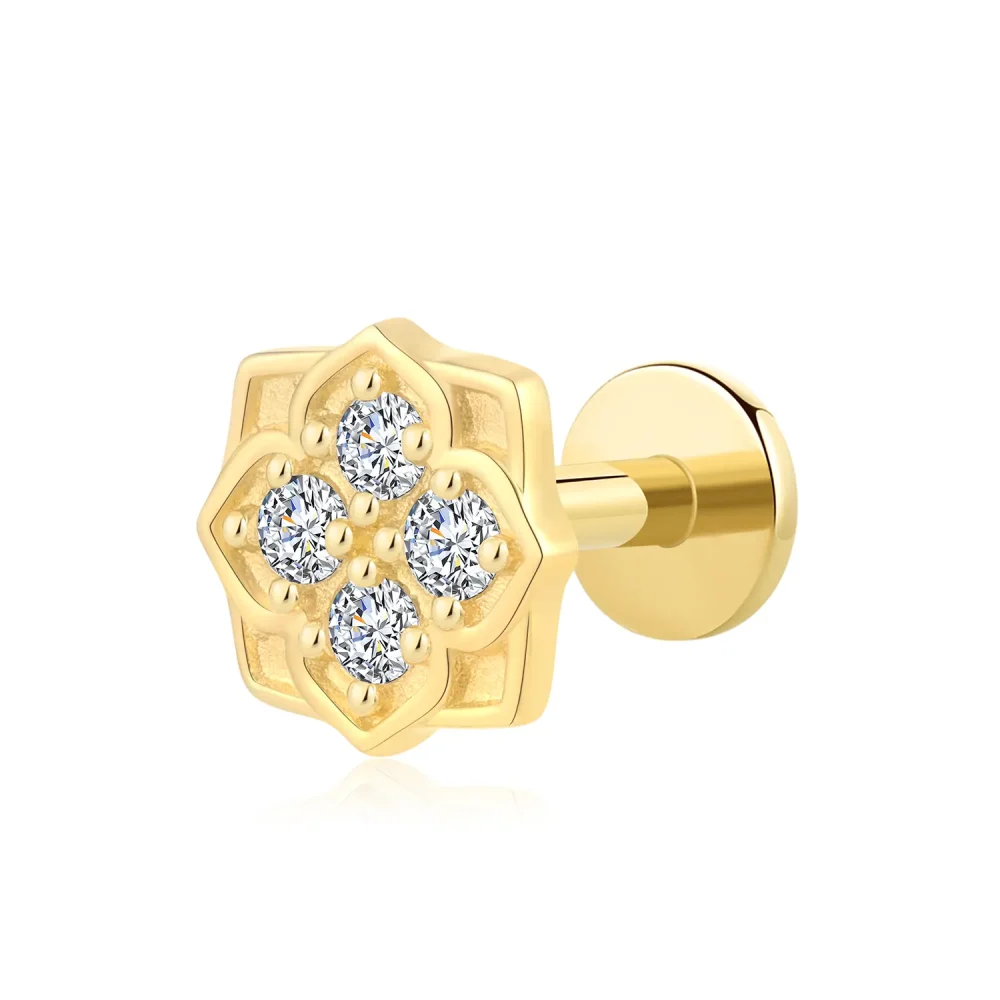 14K Solid Gold Threadless Labret Stud with Hexagonal Floral CZ Cluster Design