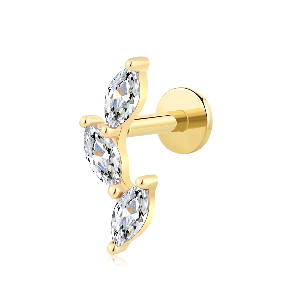 14K Solid Gold Threadless Marquise CZ Trio Piercing Stud