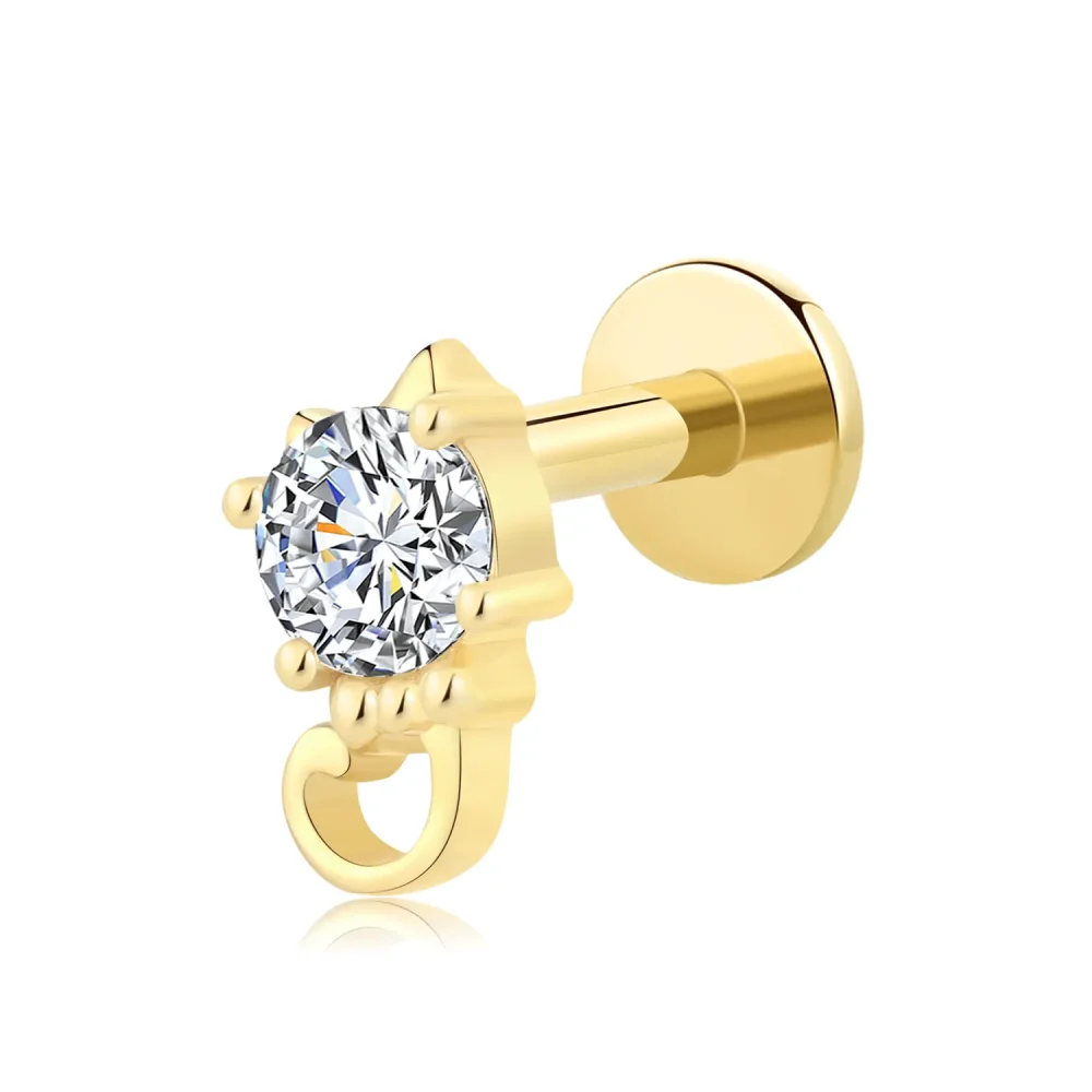 14K Solid Gold Threadless Cat Labret Stud with Round CZ Stone