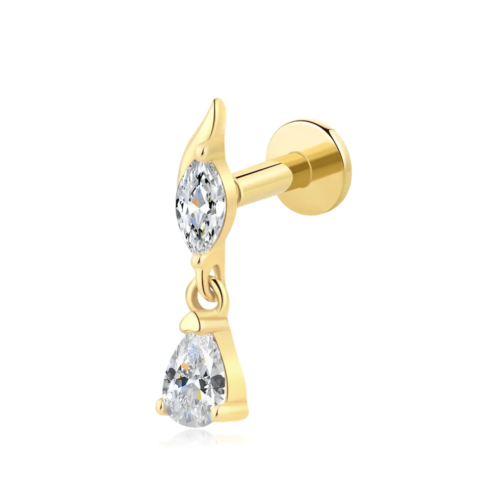 14K Solid Gold Threadless Marquise & Teardrop CZ Labret Stud – Elegant Piercing Design