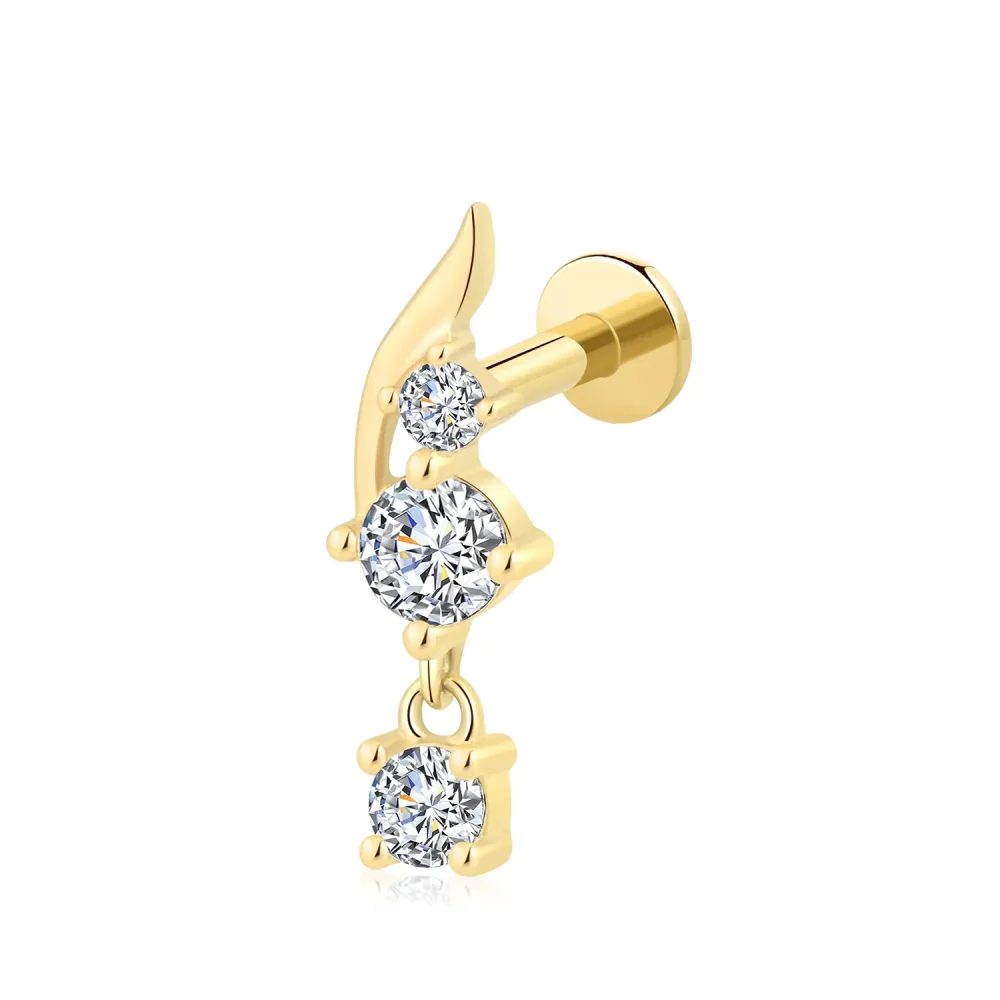 14K Solid Gold Threadless Curved Triple CZ Labret Stud – Body Piercing Jewelry