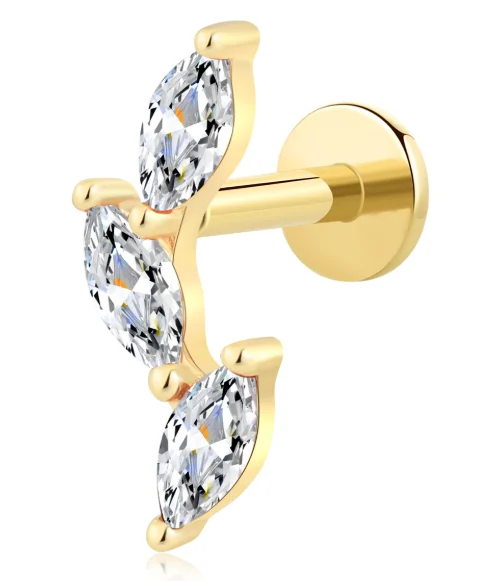 14K Solid Gold Threadless Marquise CZ Trio Piercing Stud