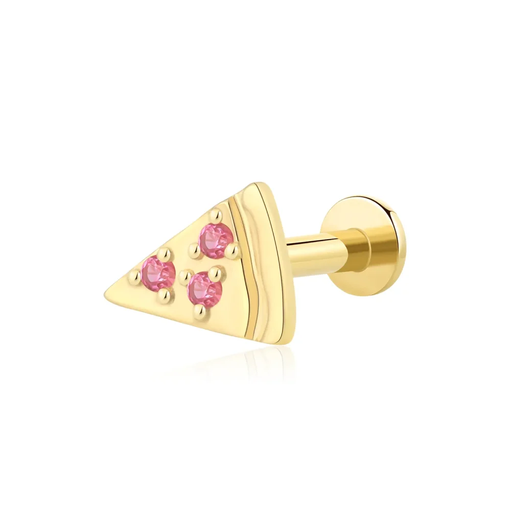 14K Solid Gold Threadless Pizza Slice Pink CZ Labret Stud – Fun Foodie Piercing Jewelry