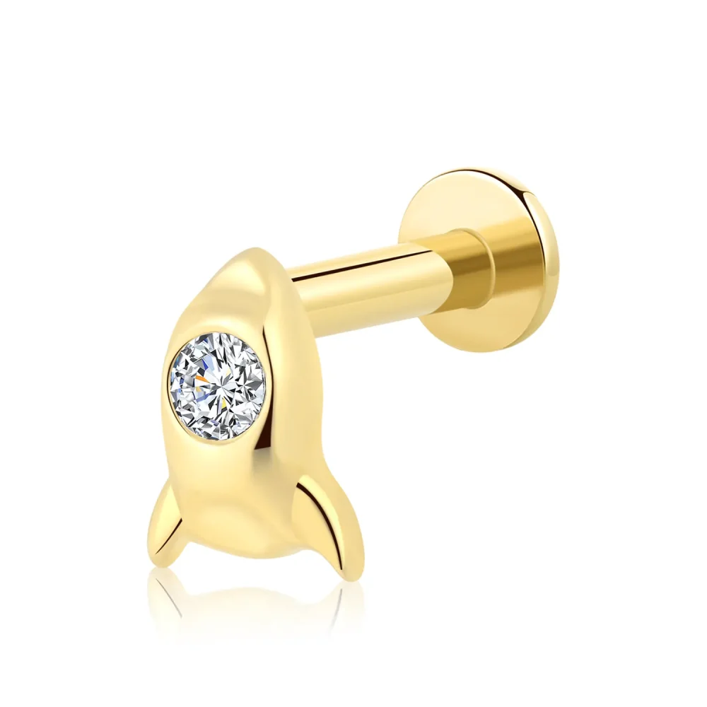 14K Solid Gold Threadless Rocket CZ Labret Stud – Space Inspired Piercing Jewelry