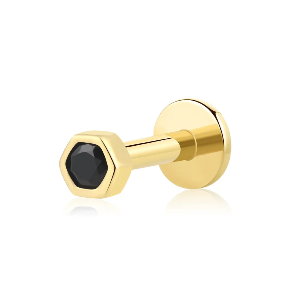 14K Solid Gold Threadless Labret Stud with Hexagon Black CZ Stone