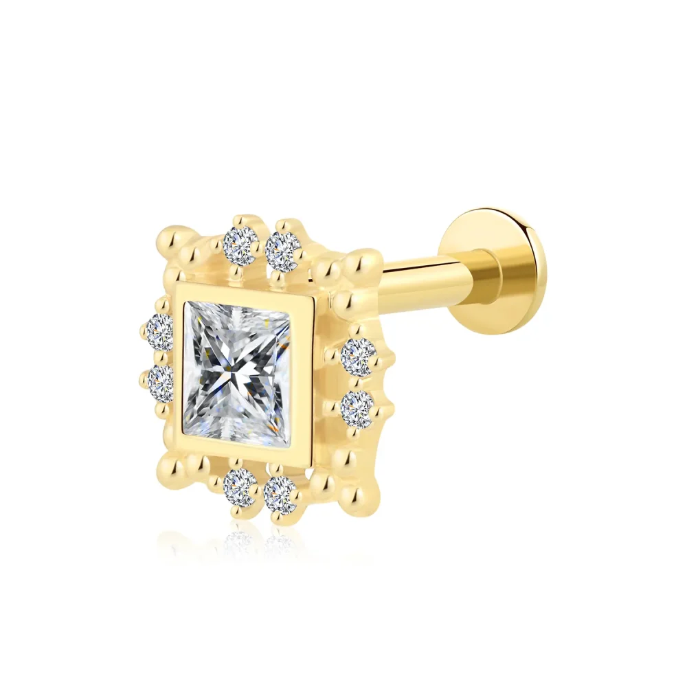 14K Solid Gold Threadless Labret Stud with Princess-Cut CZ and Beaded Frame