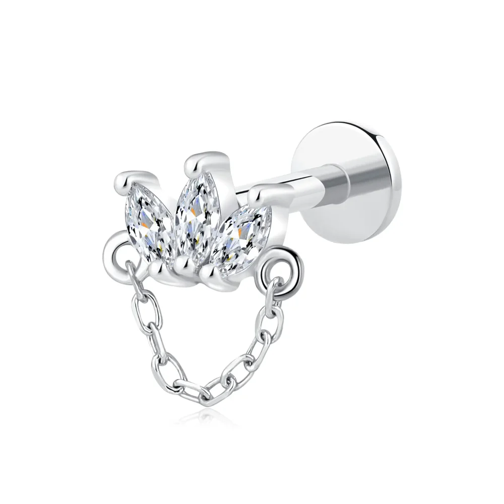 14K Solid Gold Threadless Labret Stud with Marquise CZ Trio and Dangling Chain