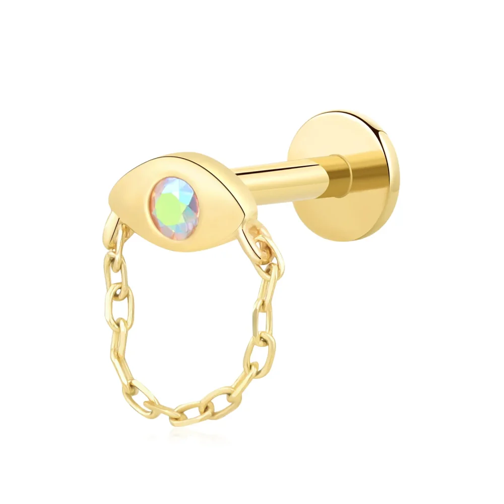 14K Solid Gold Threadless Labret Stud with Evil Eye Design and Dangle Chain