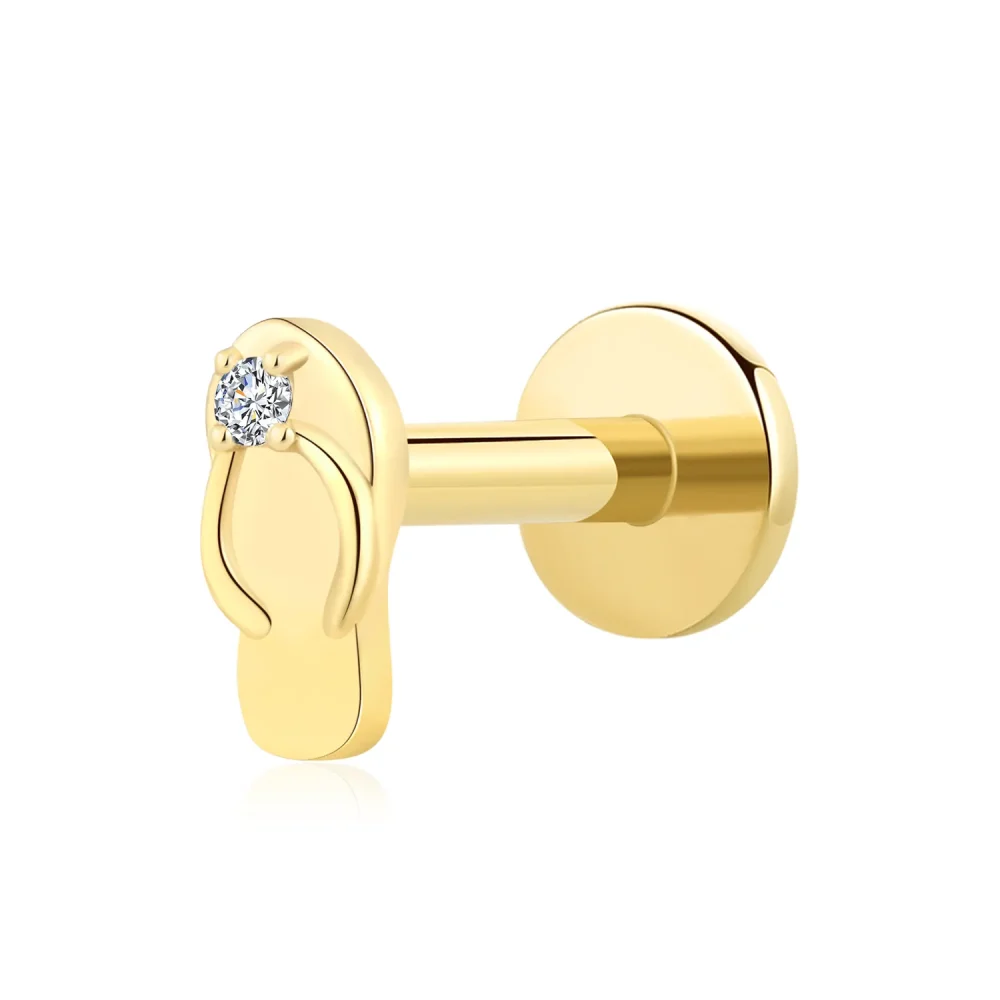 14K Solid Gold Threadless Labret Stud with Flip-Flop CZ Detail