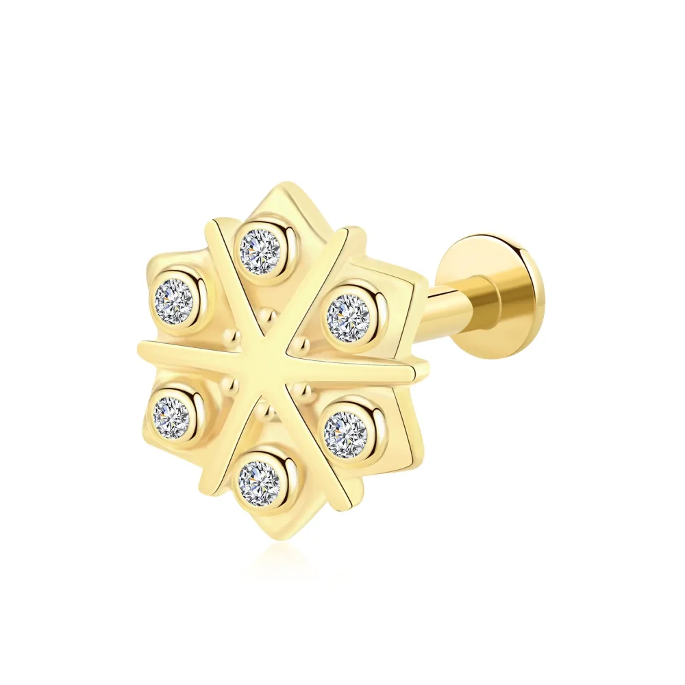 14K Solid Gold Threadless Geometric Star CZ Labret Stud – Snowflake Inspired Piercing