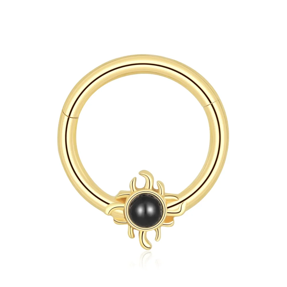 14K Solid Gold Threadless Sun-Shaped Labret Stud with Black CZ Center
