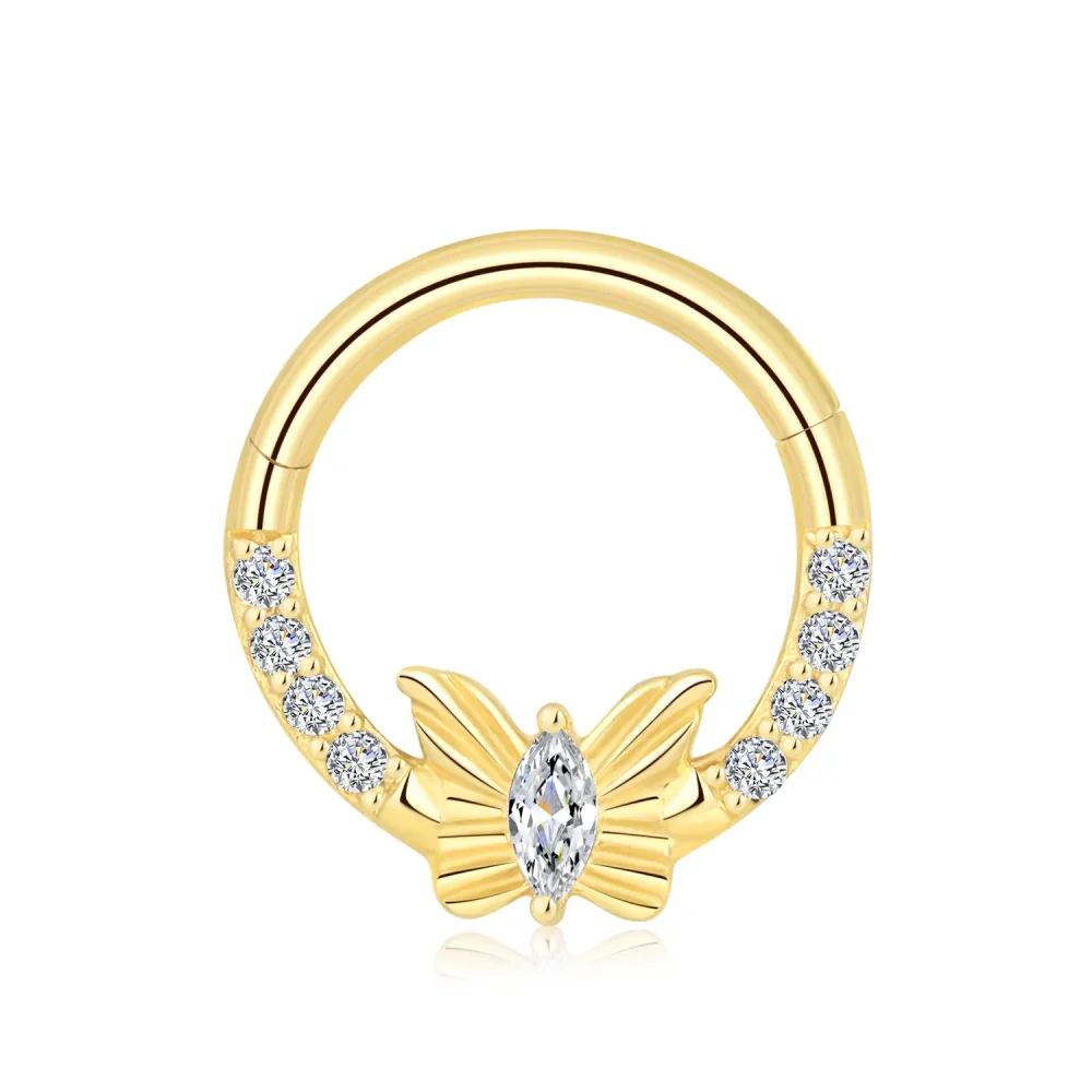 14K Solid Gold Hinged Segment Ring with CZ Butterfly and Marquise Center