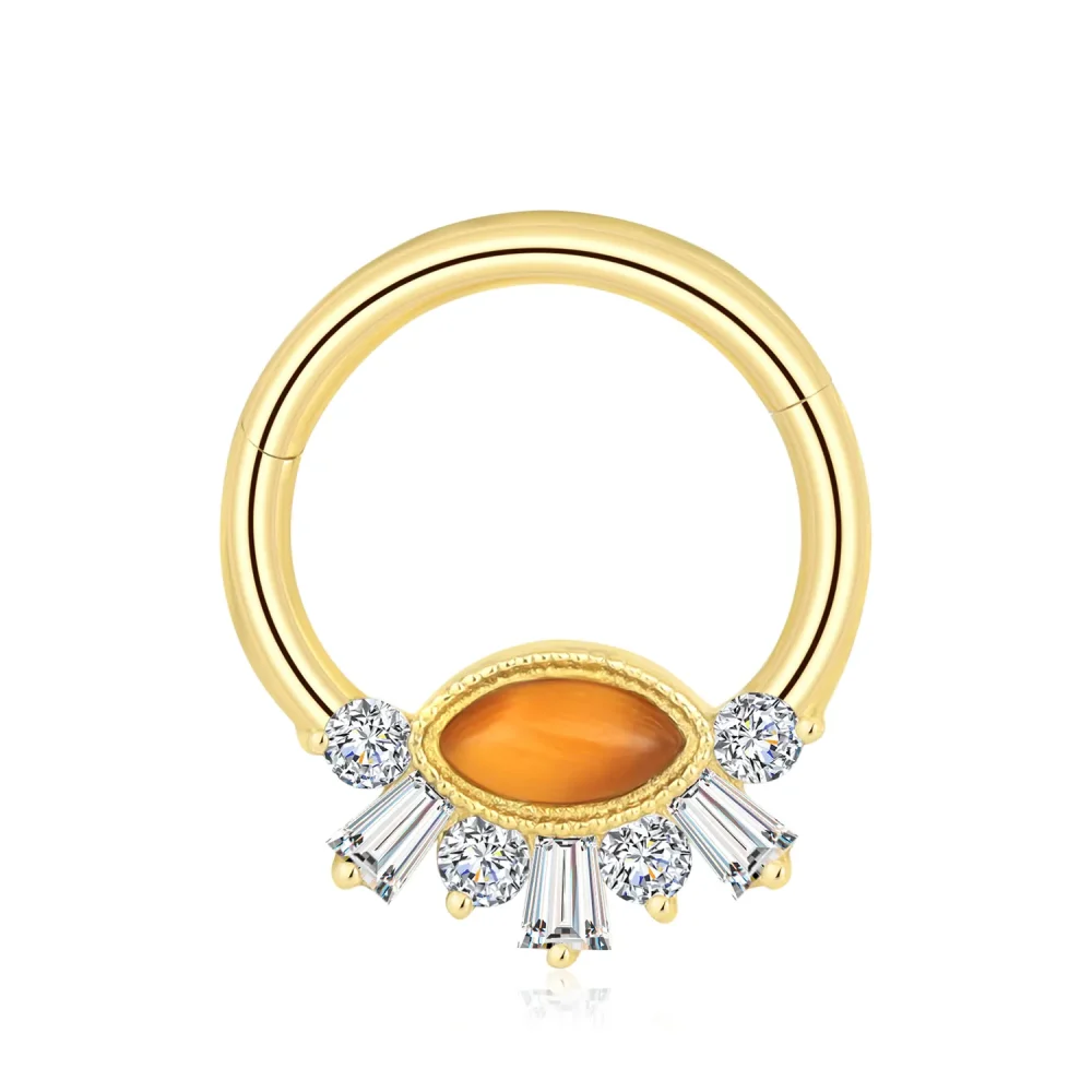 14K Solid Gold Hinged Segment Ring with Oval Center and CZ Fanburst Detail