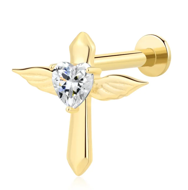 Winged Cross with CZ Heart