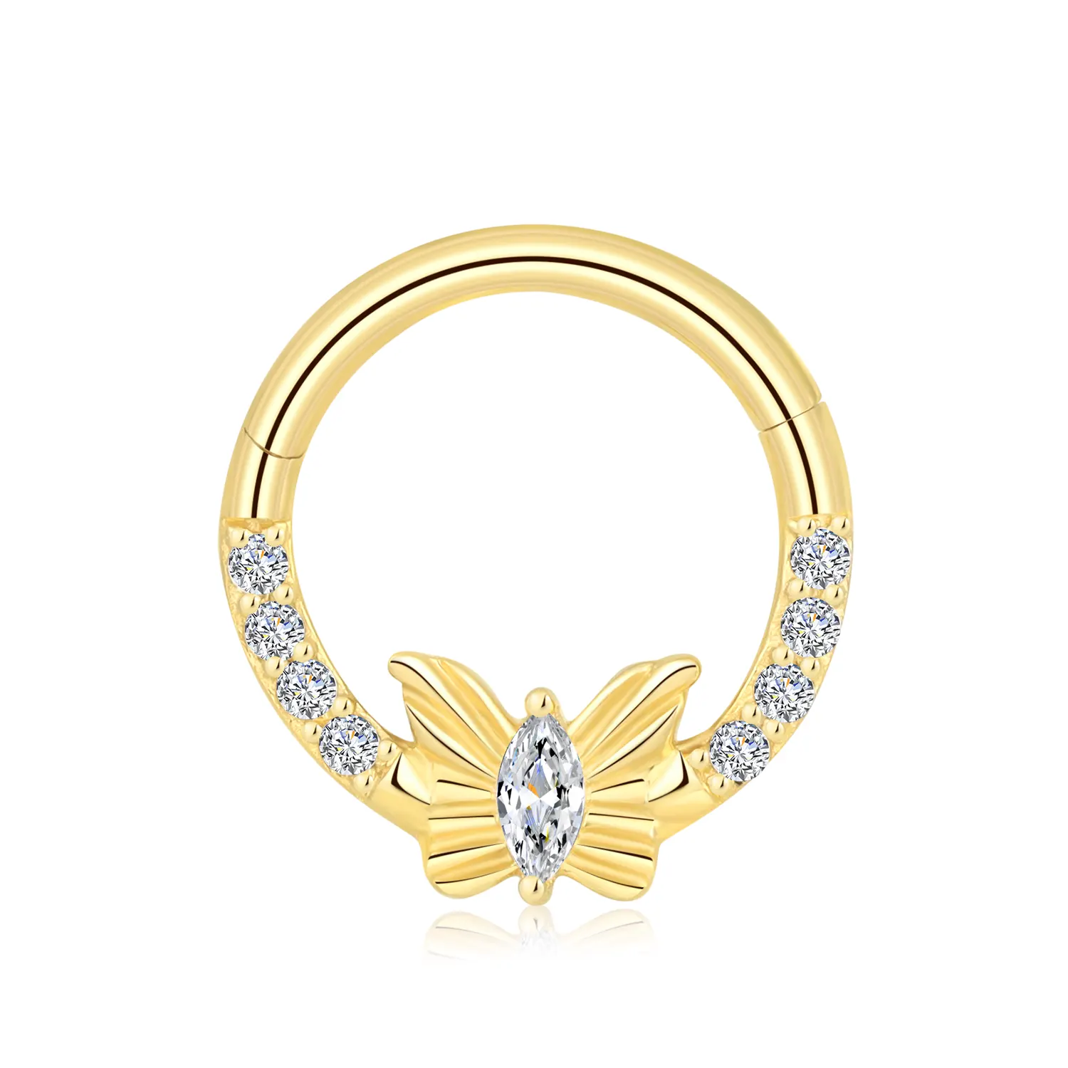 Nose Ring vs. Septum Piercing: Which Look is Right for You?-1 14K Solid Gold Hinged Segment Ring with CZ Butterfly and Marquise Center