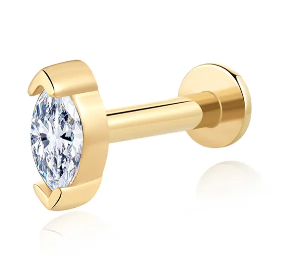 14K Solid Gold Internally Threaded Single Marquise CZ Flat Back Labret Stud