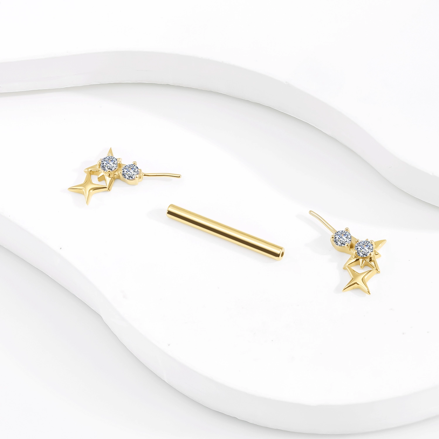 14K Solid Gold Star Cluster Design Threadless Nipple Ring with CZ Stones