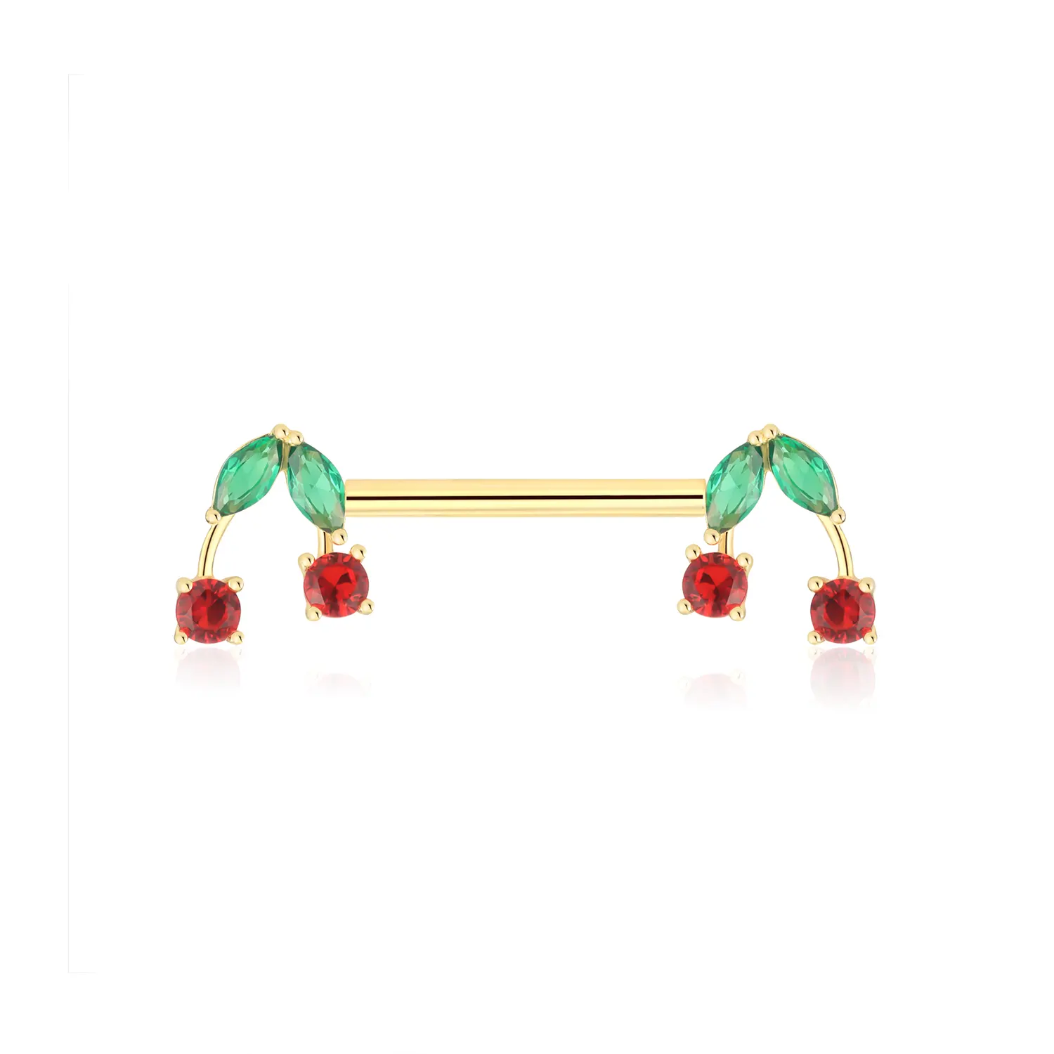 14K Solid Gold Threadless Nipple Ring with Colorful CZ Stones-Cherry Design